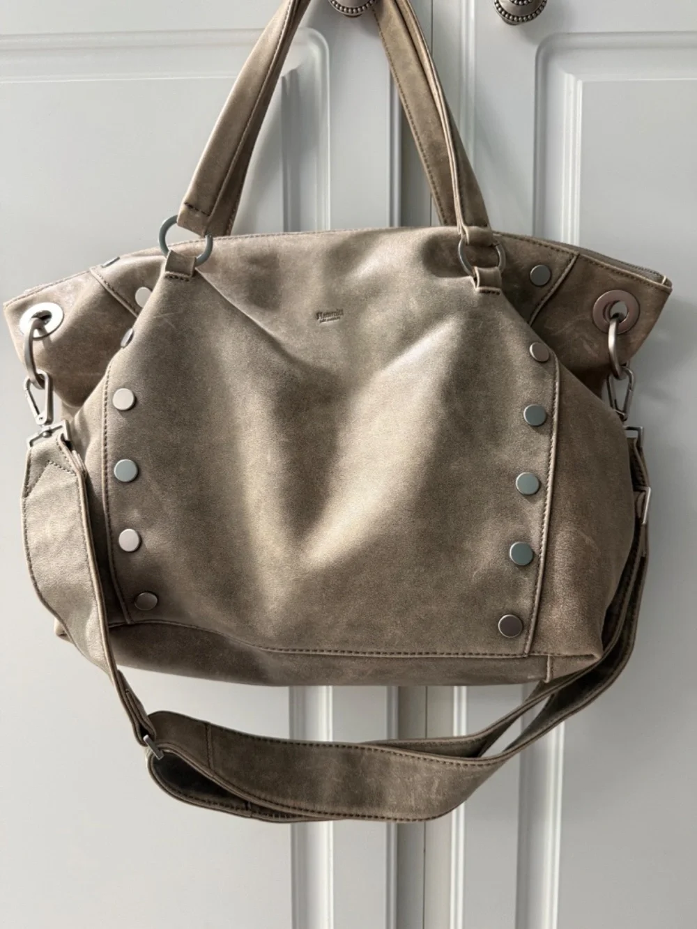 HAMMITT METALLIC SILVER LEATHER STUDDED LARGE TOTE/SHOULDER BAG